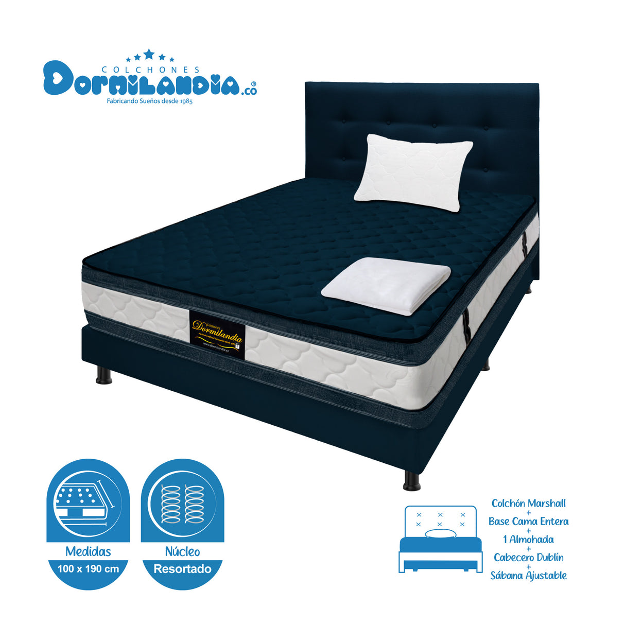 Combo Colchón Marshall Azul Sencillo 100 X 190 Cm Firmeza Medio Doble Faz Con Cabecero y Base Cama - COLCHONES | Bylmo