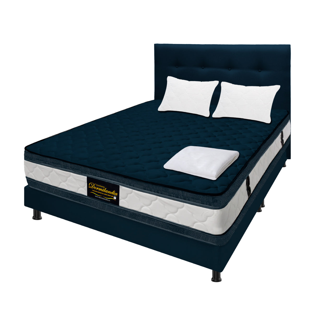 Combo Colchón Marshall Azul Doble 140 X 190 Cm Firmeza Medio Doble Faz Con Cabecero y Base Cama - COLCHONES | Bylmo