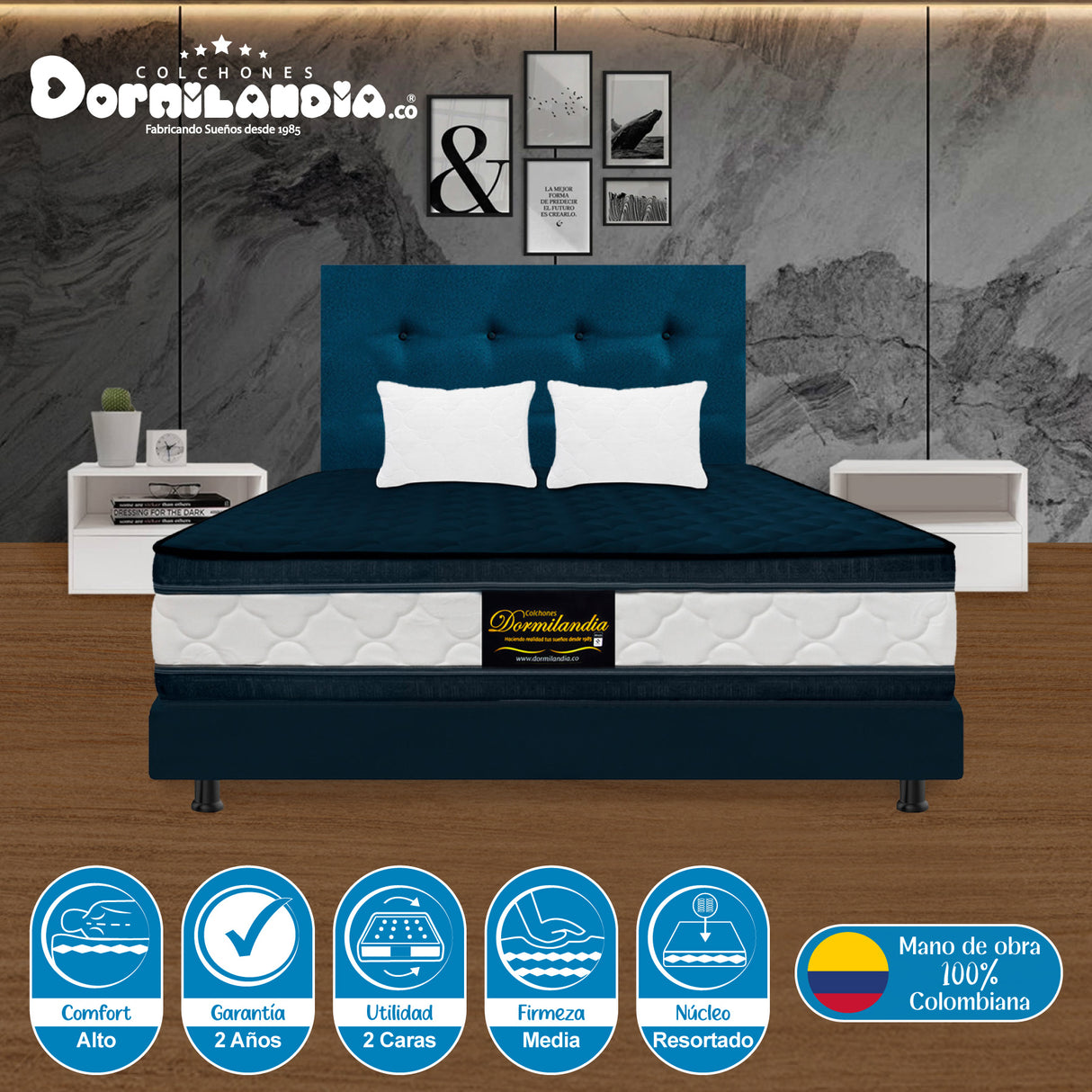 Combo Colchón Marshall Azul King 200 X 200 Cm Firmeza Medio Doble Faz Con Cabecero y Base Cama - COLCHONES | Bylmo