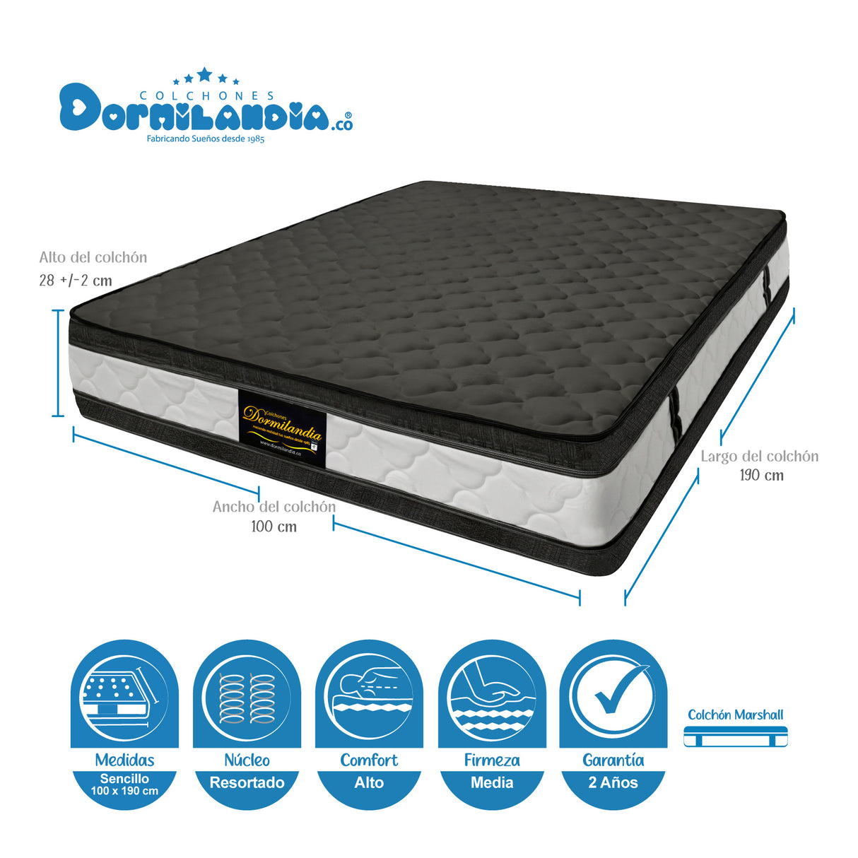 Combo Colchón Marshall Gris Sencillo 100 X 190 Cm Firmeza Medio Doble Faz Con Cabecero y Base Cama - COLCHONES | Bylmo
