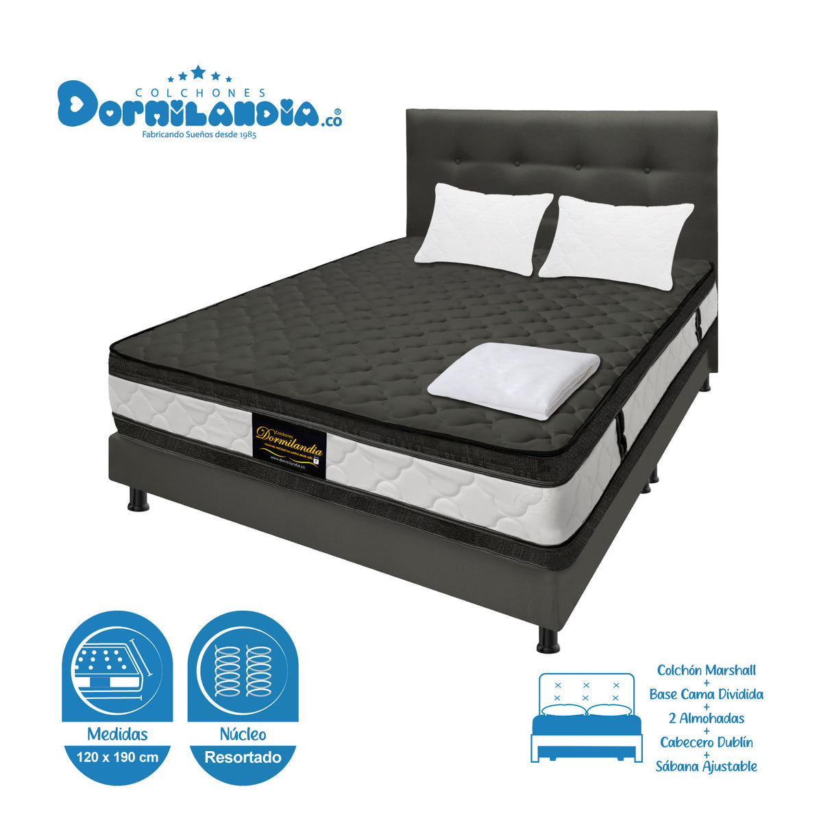 Combo Colchón Marshall Gris Semidoble 120 X 190 Cm Firmeza Medio Doble Faz Con Cabecero y Base Cama - COLCHONES | Bylmo