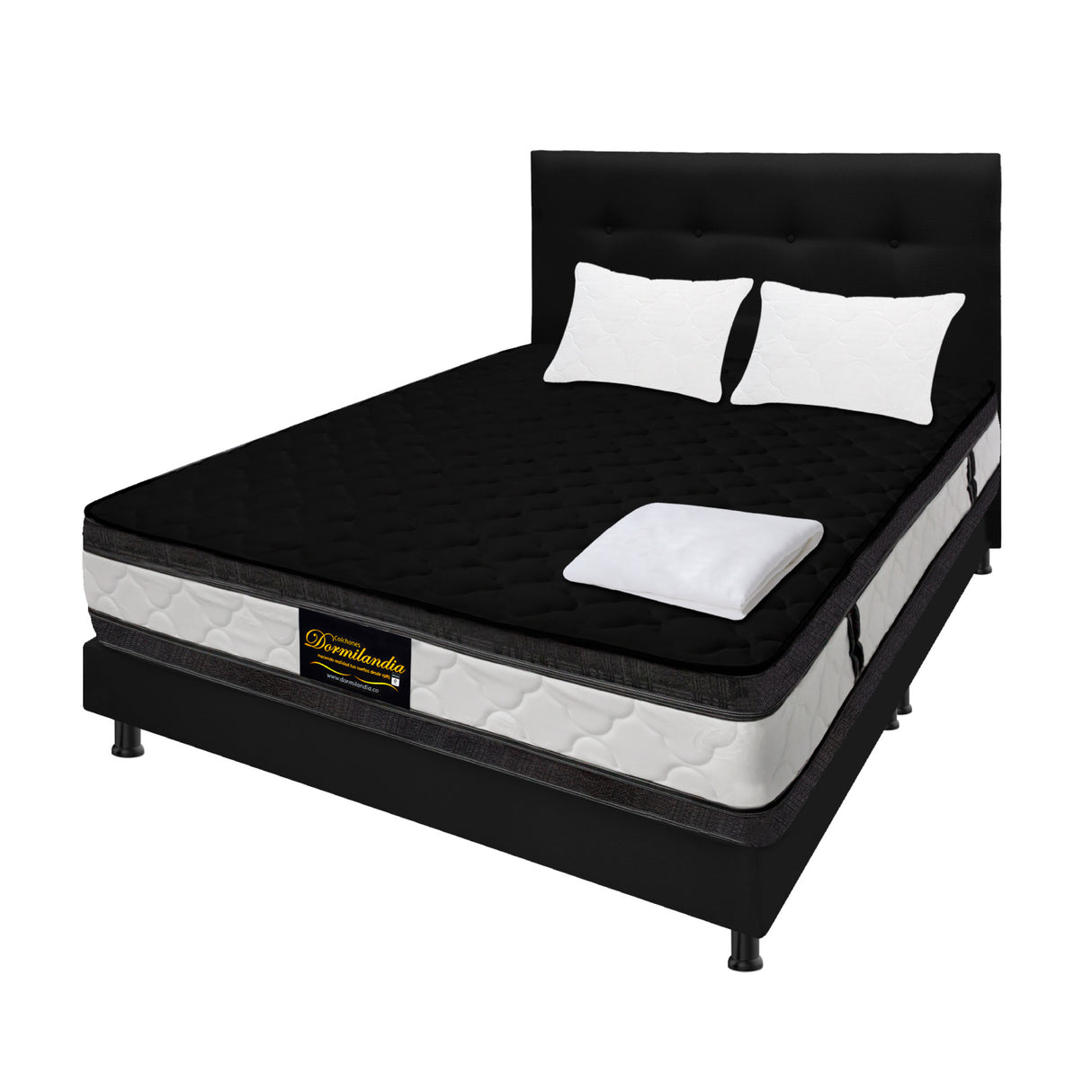 Combo Colchón Marshall Negro Queen 160 X 190 Cm Firmeza Medio Doble Faz Con Cabecero y Base Cama - COLCHONES | Bylmo