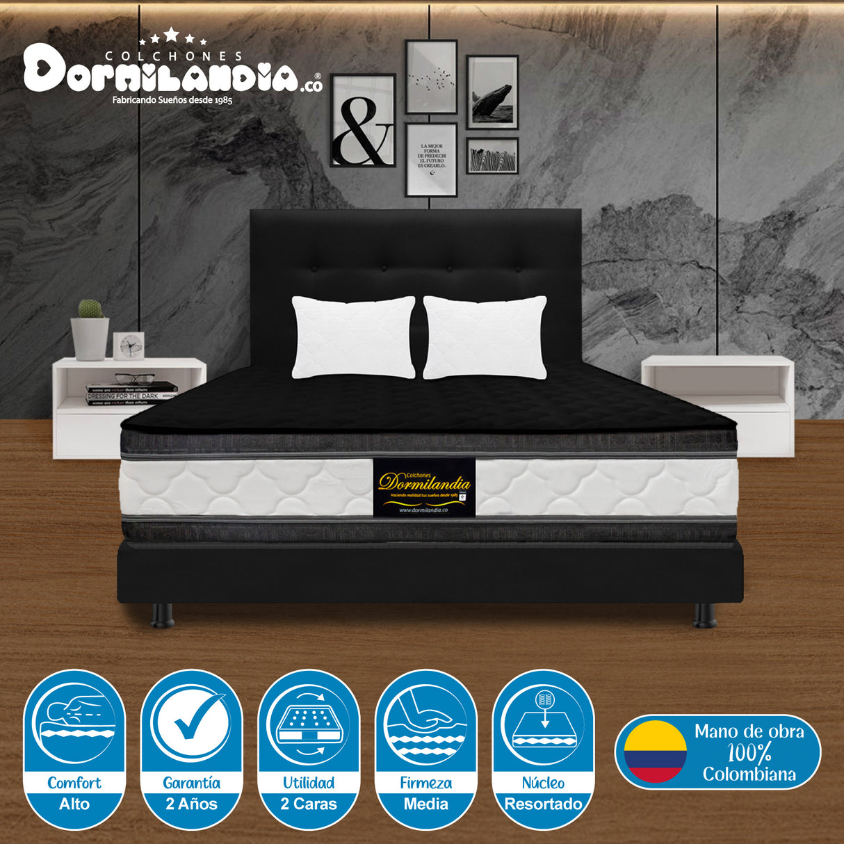 Combo Colchón Marshall Negro King 200 X 200 Cm Firmeza Medio Doble Faz Con Cabecero y Base Cama - COLCHONES | Bylmo