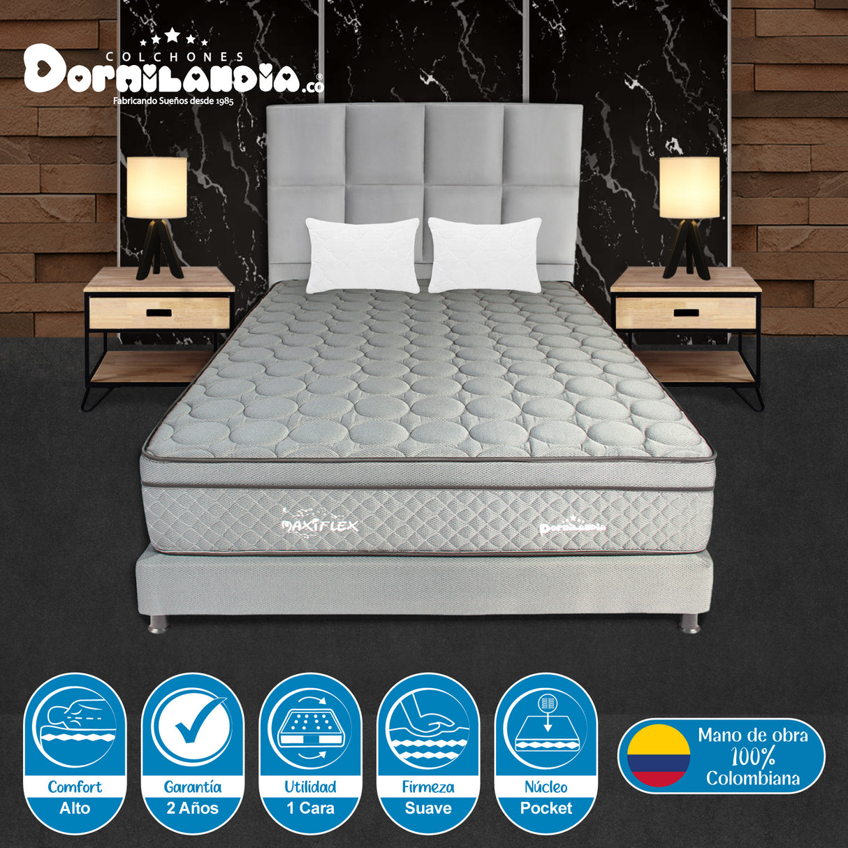 Combo Colchón Maxiflex Gris Doble 140 X 190 Cm Firmeza Suave Con Cabecero y Base Cama - COLCHONES | Bylmo