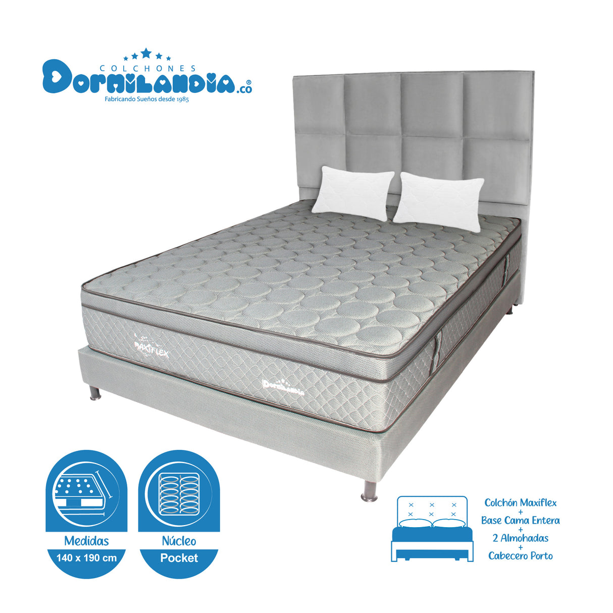 Combo Colchón Maxiflex Gris Doble 140 X 190 Cm Firmeza Suave Con Cabecero y Base Cama - COLCHONES | Bylmo