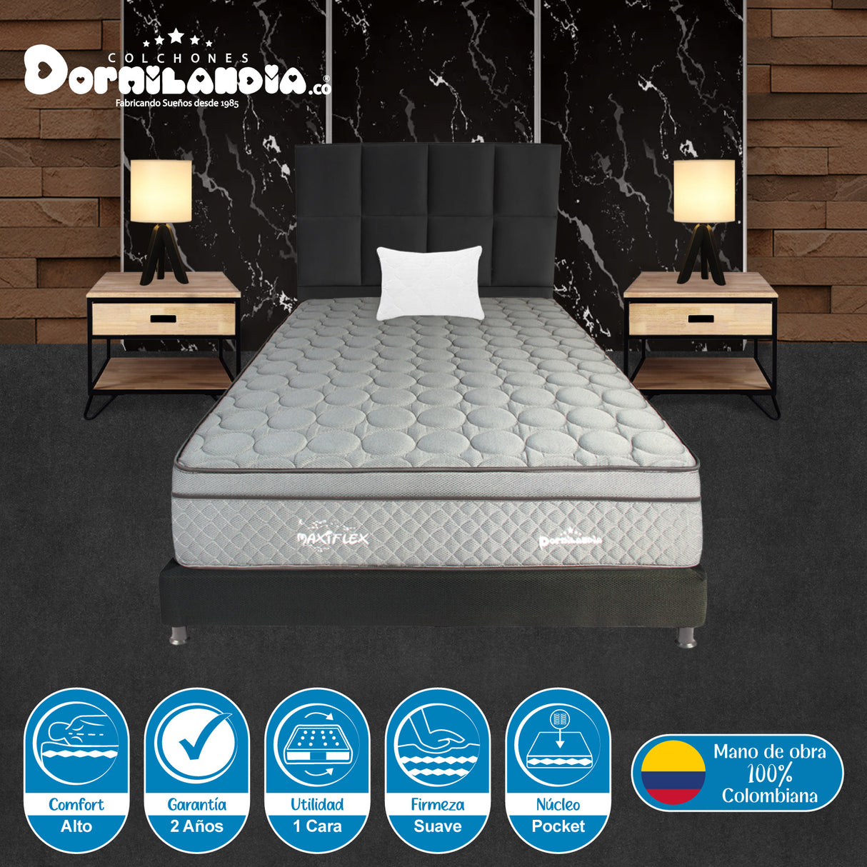 Combo Colchón Maxiflex Gris y Negro Sencillo 100 X 190 Cm Firmeza Suave Con Cabecero y Base Cama - COLCHONES | Bylmo