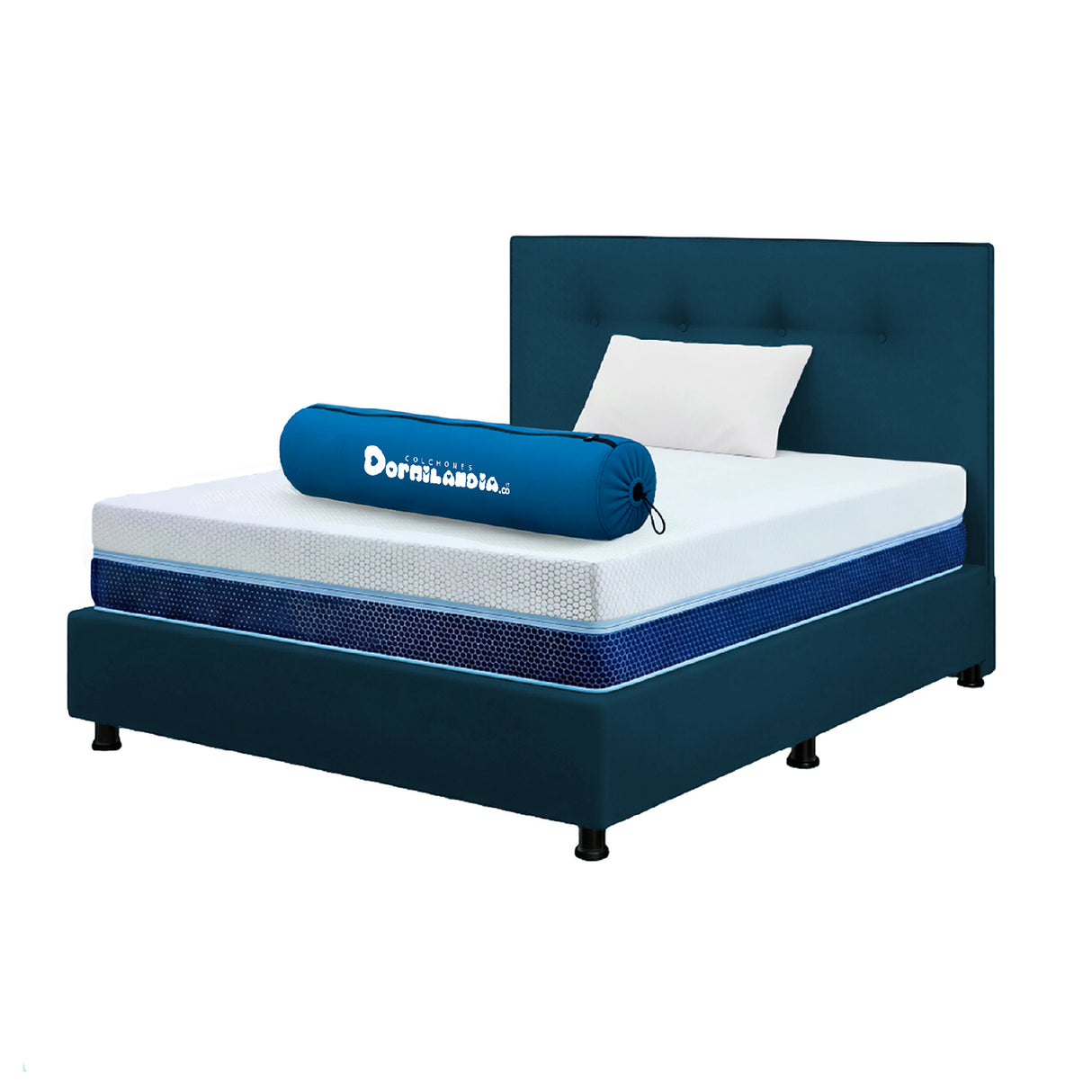 Combo Colchón Enrollado Multisleep Blanco y Azul Sencillo 100 X 190 Cm Firmeza Medio Doble Faz Con Cabecero y Base Cama