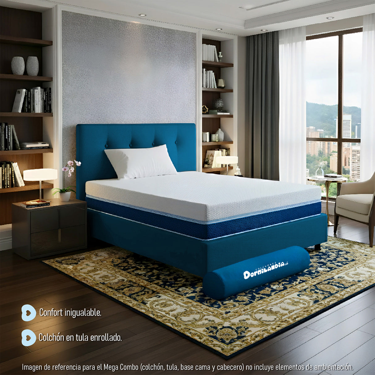 Combo Colchón Enrollado Multisleep Blanco y Azul Sencillo 100 X 190 Cm Firmeza Medio Doble Faz Con Cabecero y Base Cama