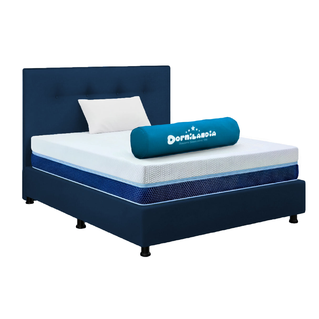 Combo Colchón Multisleep Blanco y Azul Sencillo 100 X 190 Cm Firmeza Medio Doble Faz Con Cabecero y Base Cama - COLCHONES | Bylmo