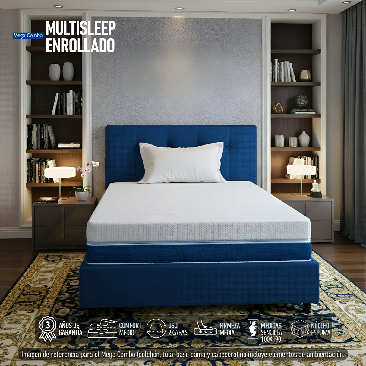 Combo Colchón Multisleep Blanco y Azul Sencillo 100 X 190 Cm Firmeza Medio Doble Faz Con Cabecero y Base Cama - COLCHONES | Bylmo