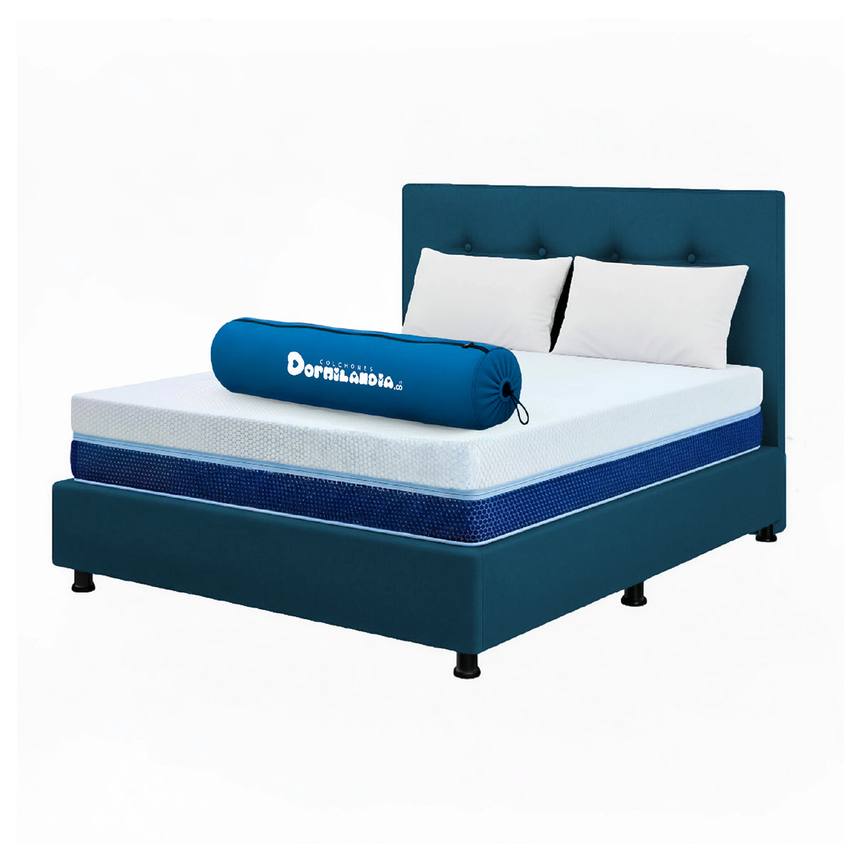 Combo Colchón Enrollado Multisleep Blanco y Azul Semidoble 120 X 190 Cm Firmeza Medio Doble Faz Con Cabecero y Base Cama