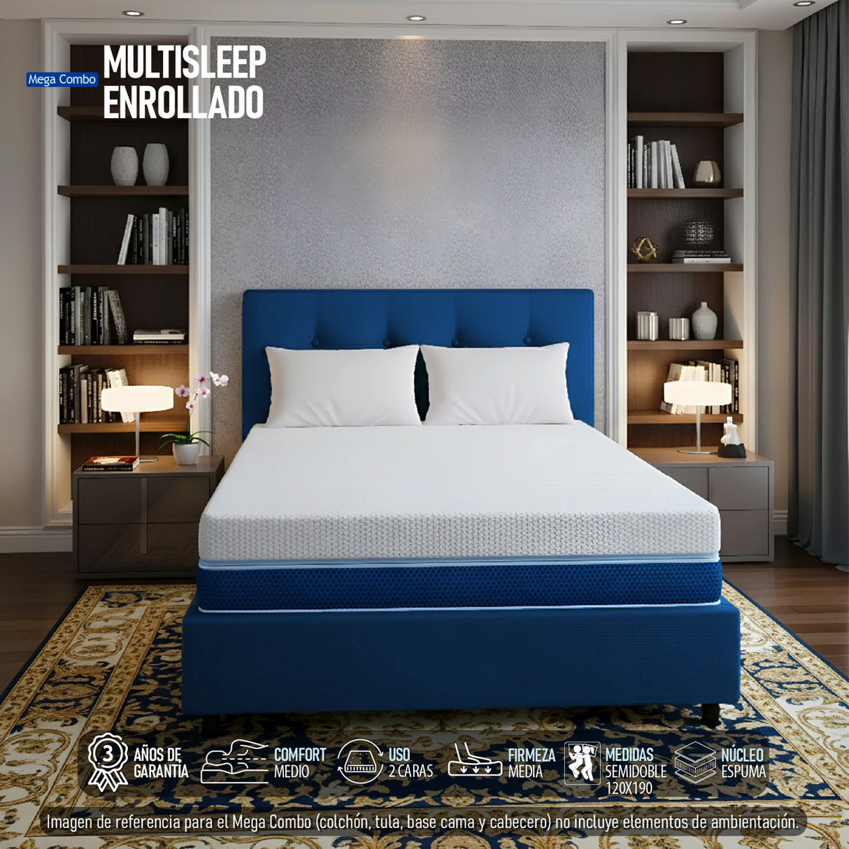 Combo Colchón Multisleep Blanco y Azul Semidoble 120 X 190 Cm Firmeza Medio Doble Faz Con Cabecero y Base Cama - COLCHONES | Bylmo