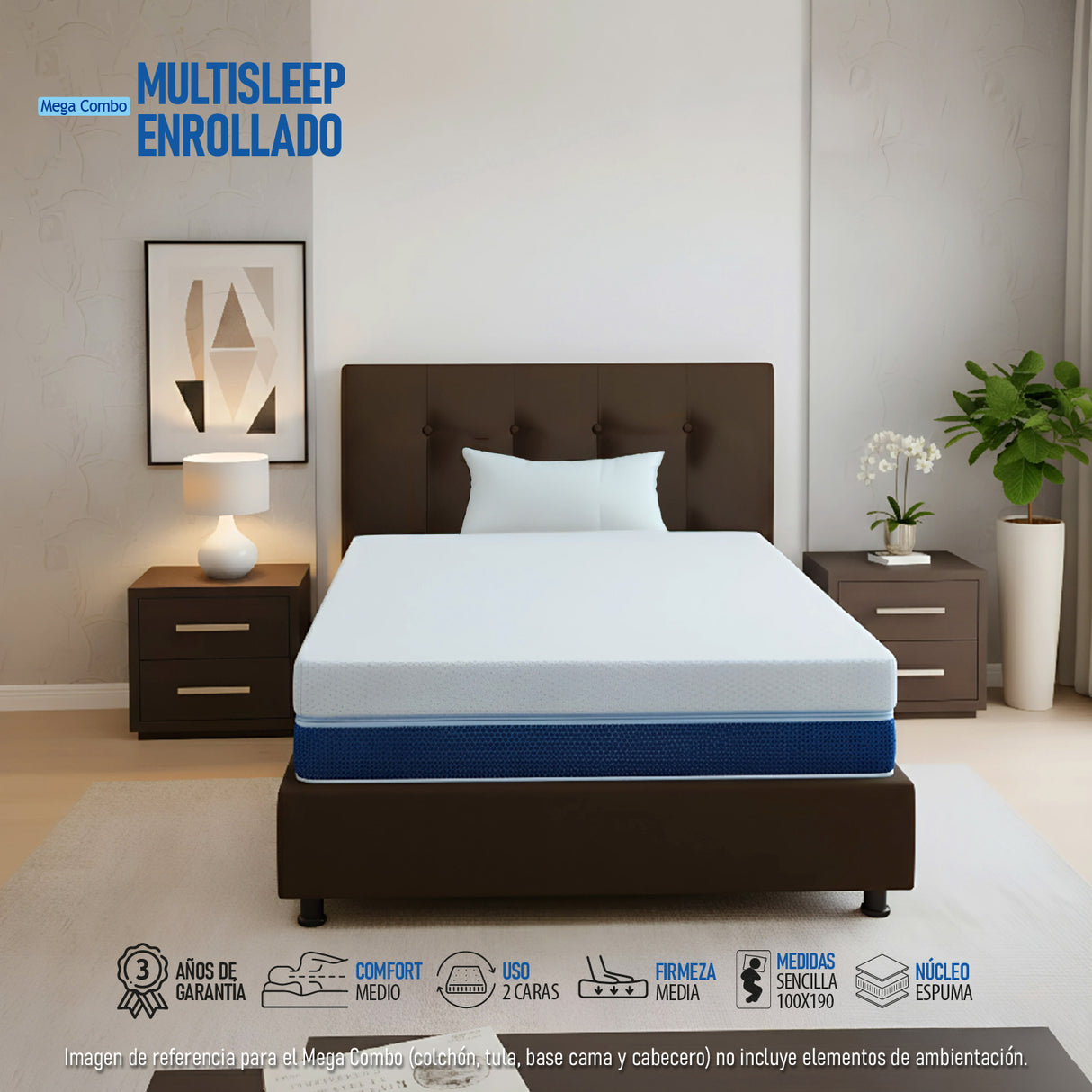 Combo Colchón Multisleep Blanco y Cafe Sencillo 100 X 190 Cm Firmeza Medio Doble Faz Con Cabecero y Base Cama - COLCHONES | Bylmo