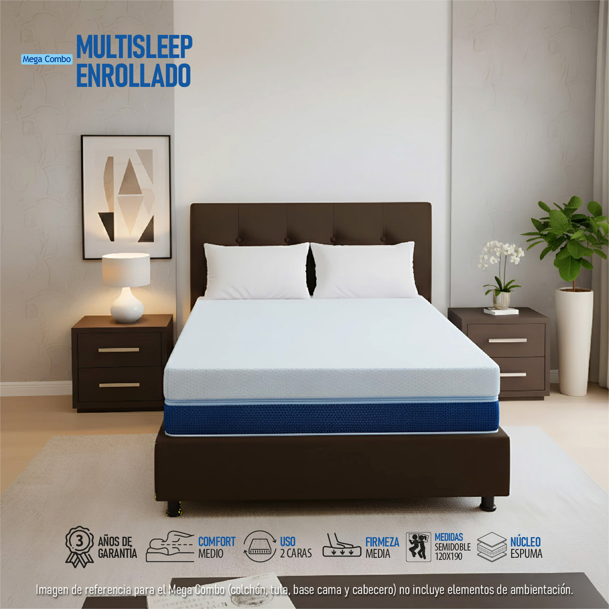 Combo Colchón Multisleep Blanco y Cafe Semidoble 120 X 190 Cm Firmeza Medio Doble Faz Con Cabecero y Base Cama - COLCHONES | Bylmo