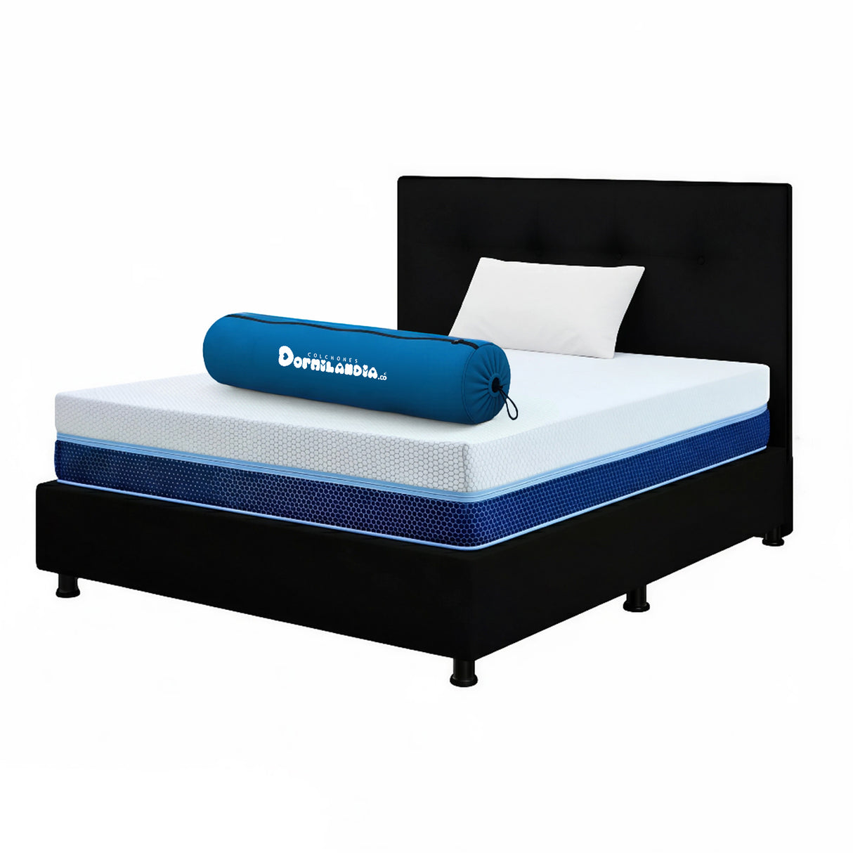 Combo Colchón Enrollado Multisleep Blanco y Negro Sencillo 100 X 190 Cm Firmeza Medio Doble Faz Con Cabecero y Base Cama