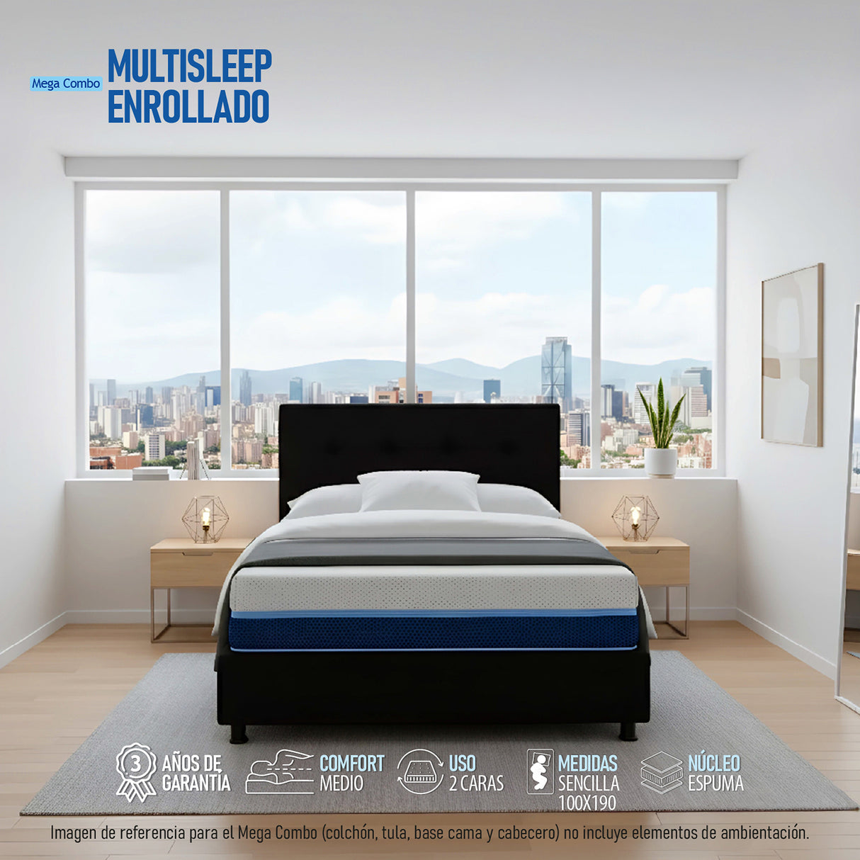 Combo Colchón Enrollado Multisleep Blanco y Negro Sencillo 100 X 190 Cm Firmeza Medio Doble Faz Con Cabecero y Base Cama