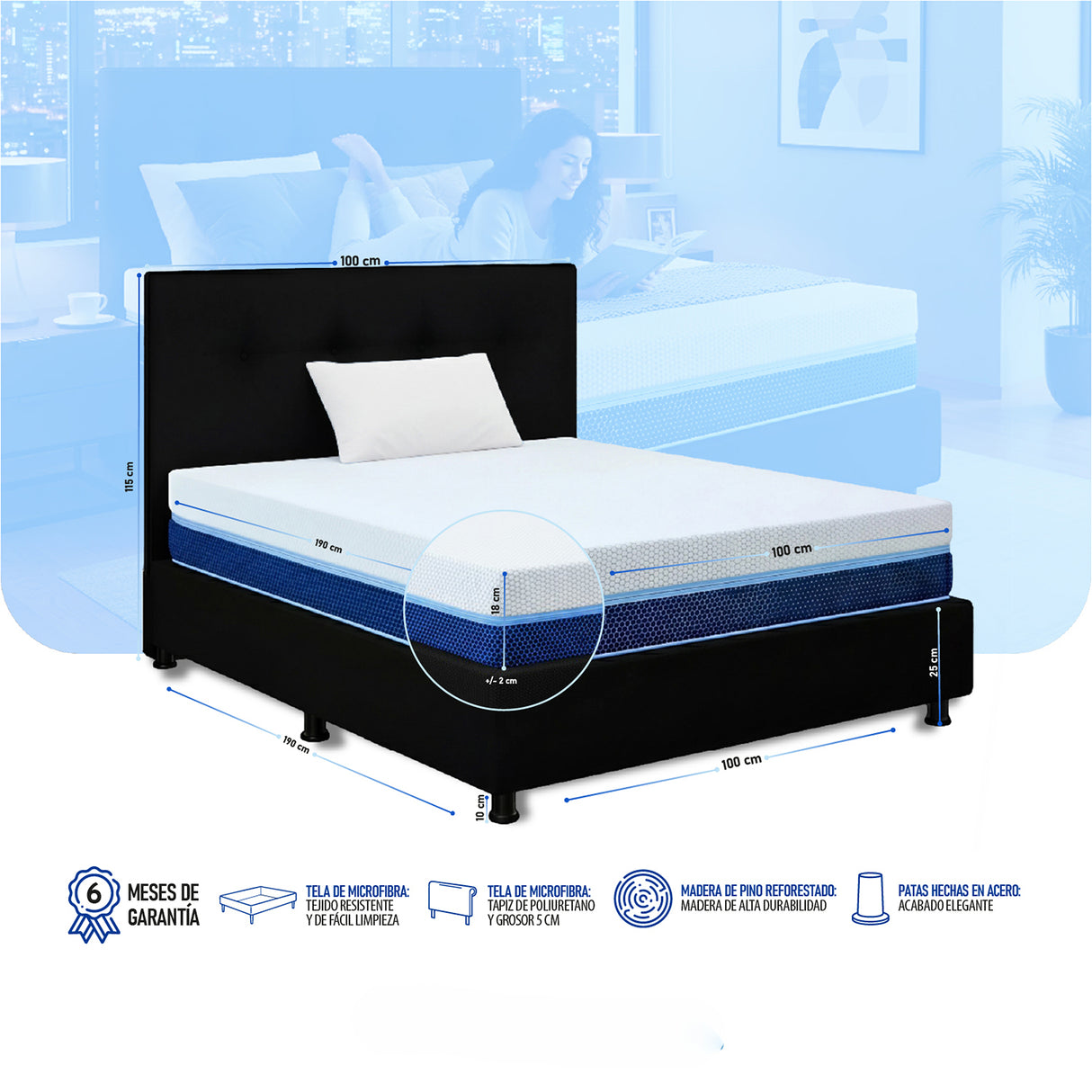 Combo Colchón Enrollado Multisleep Blanco y Negro Sencillo 100 X 190 Cm Firmeza Medio Doble Faz Con Cabecero y Base Cama