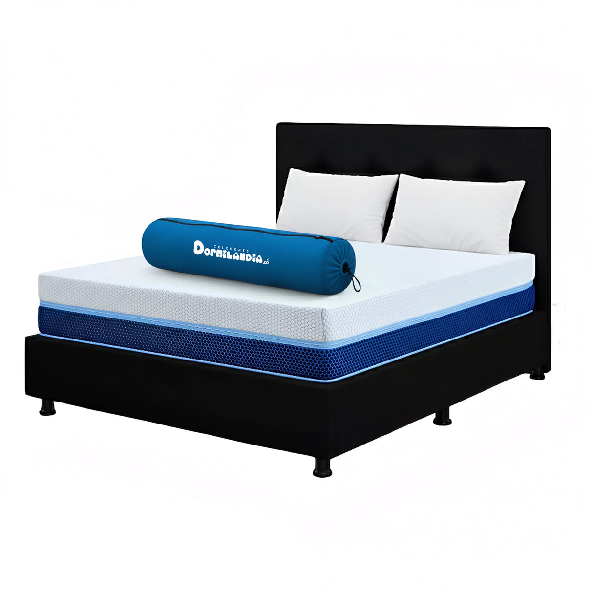 Combo Colchón Enrollado Multisleep Blanco y Negro Doble 140 X 190 Cm Firmeza Medio Doble Faz Con Cabecero y Base Cama