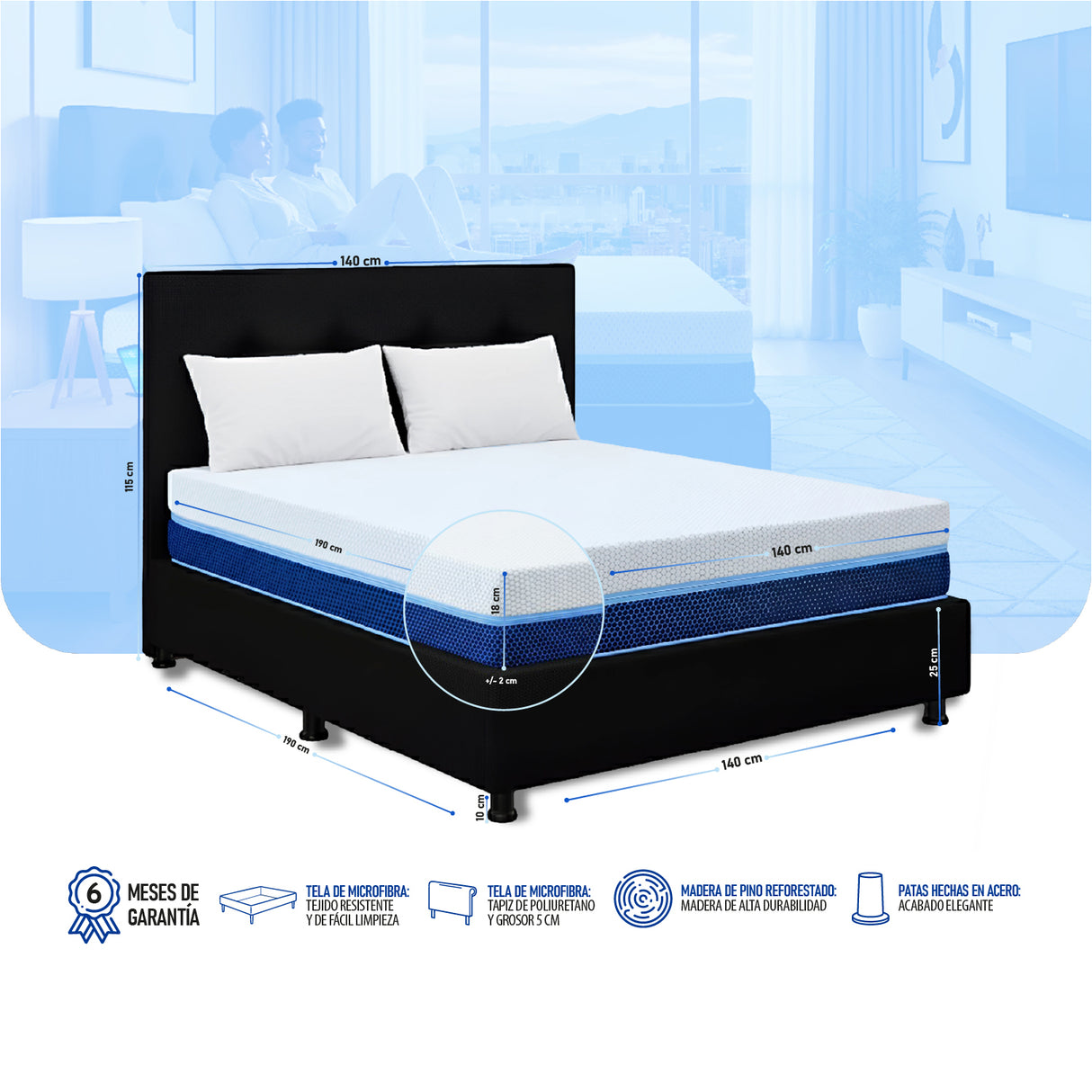 Combo Colchón Multisleep Blanco y Negro Doble 140 X 190 Cm Firmeza Medio Doble Faz Con Cabecero y Base Cama - COLCHONES | Bylmo