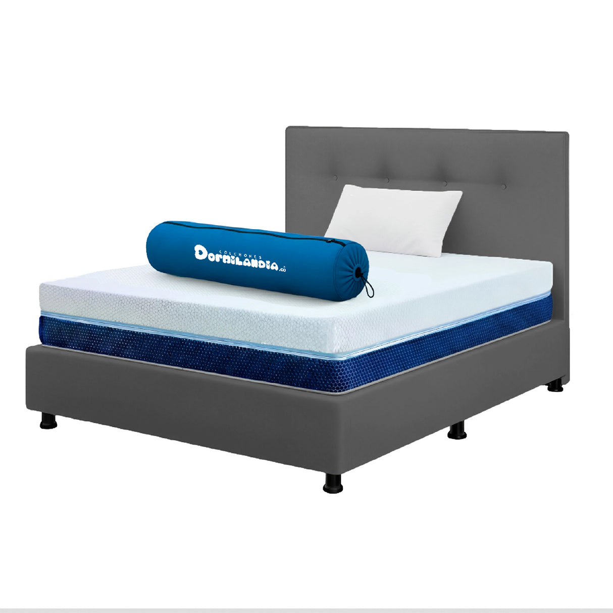 Combo Colchón Enrollado Multisleep Blanco y Gris Sencillo 100 X 190 Cm Firmeza Medio Doble Faz Con Cabecero y Base Cama