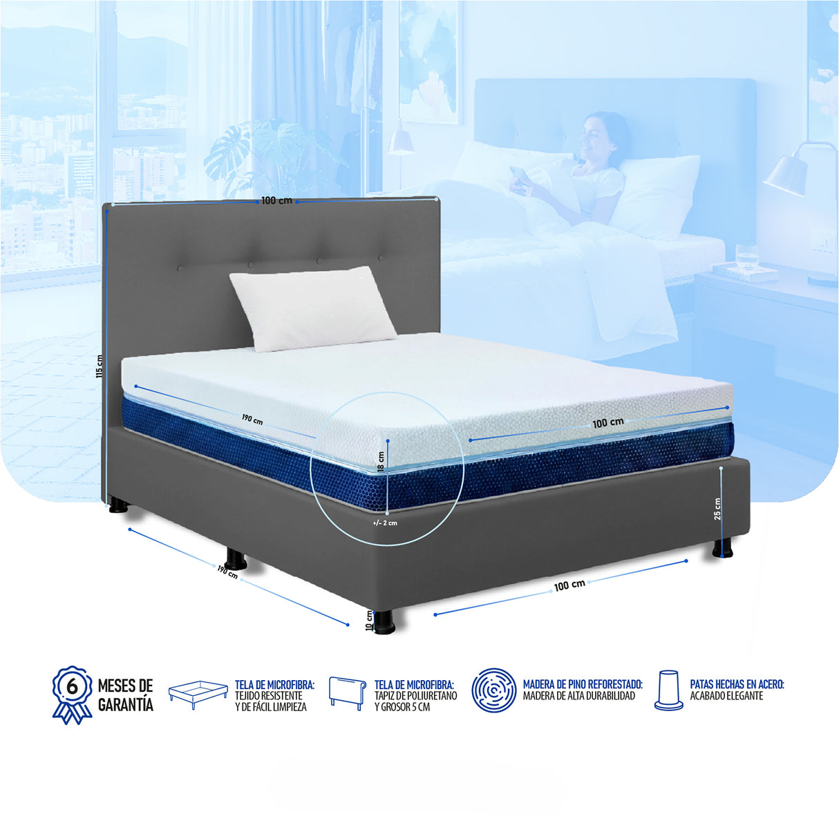 Combo Colchón Enrollado Multisleep Blanco y Gris Sencillo 100 X 190 Cm Firmeza Medio Doble Faz Con Cabecero y Base Cama