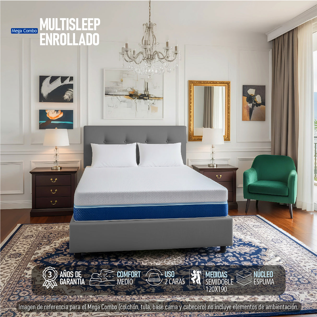 Combo Colchón Enrollado Multisleep Blanco y Gris Semidoble 120 X 190 Cm Firmeza Medio Doble Faz Con Cabecero y Base Cama
