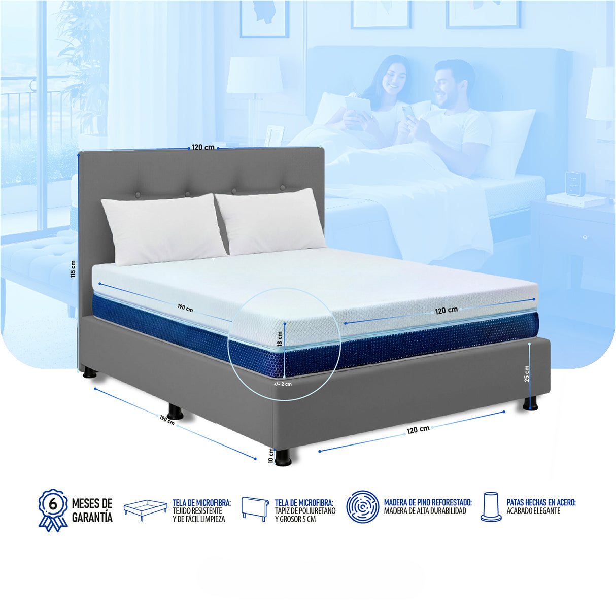 Combo Colchón Enrollado Multisleep Blanco y Gris Semidoble 120 X 190 Cm Firmeza Medio Doble Faz Con Cabecero y Base Cama
