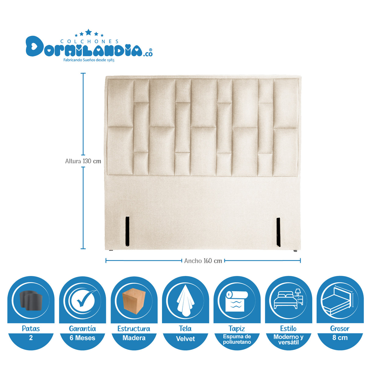 Combo Colchón Supra Azul y Arena Queen 160 X 190 Cm Firmeza Medio Doble Faz Con Cabecero y Base Cama - COLCHONES | Bylmo