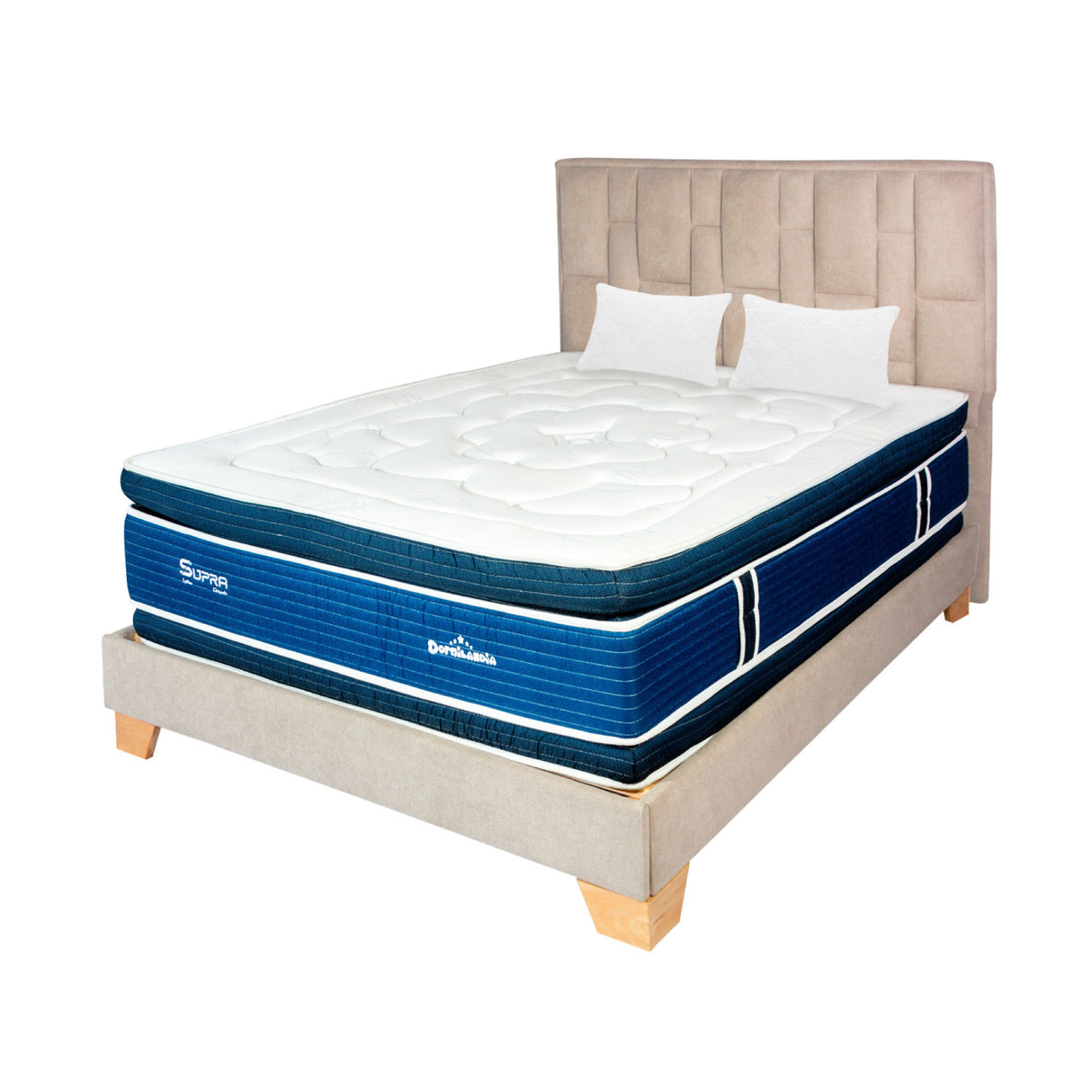 Combo Colchón Supra Azul y Arena King 200 X 200 Cm Firmeza Medio Doble Faz Con Cabecero y Base Cama - COLCHONES | Bylmo