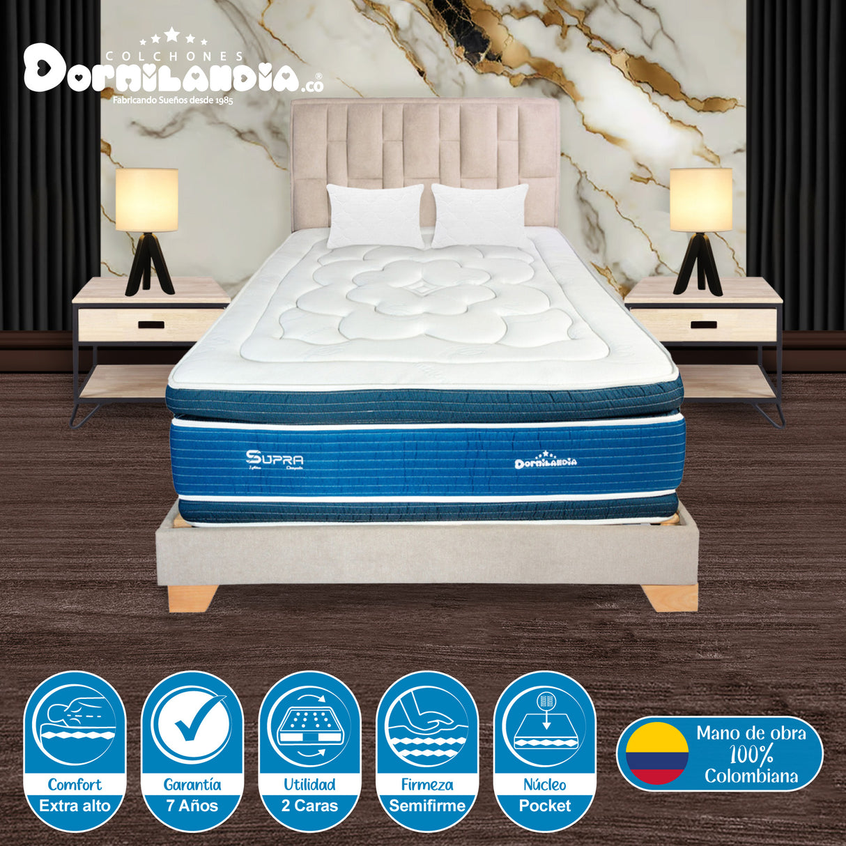 Combo Colchón Supra Azul y Arena King 200 X 200 Cm Firmeza Medio Doble Faz Con Cabecero y Base Cama - COLCHONES | Bylmo