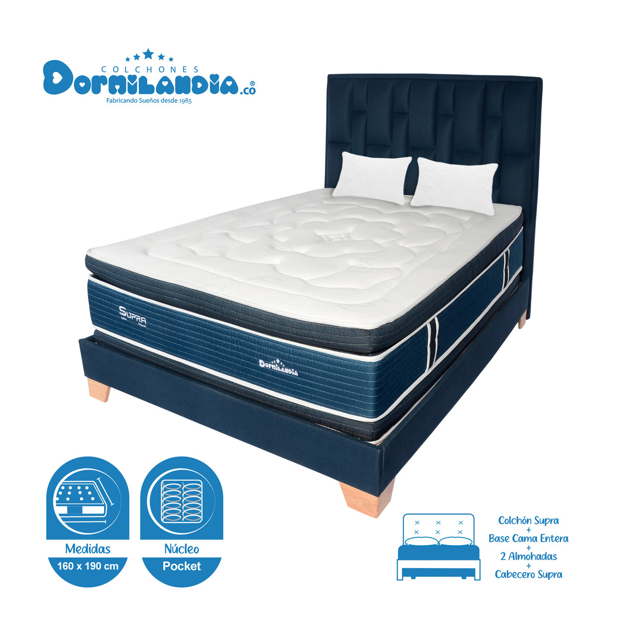 Combo Colchón Supra Azul Queen 160 X 190 Cm Firmeza Medio Doble Faz Con Cabecero y Base Cama - COLCHONES | Bylmo