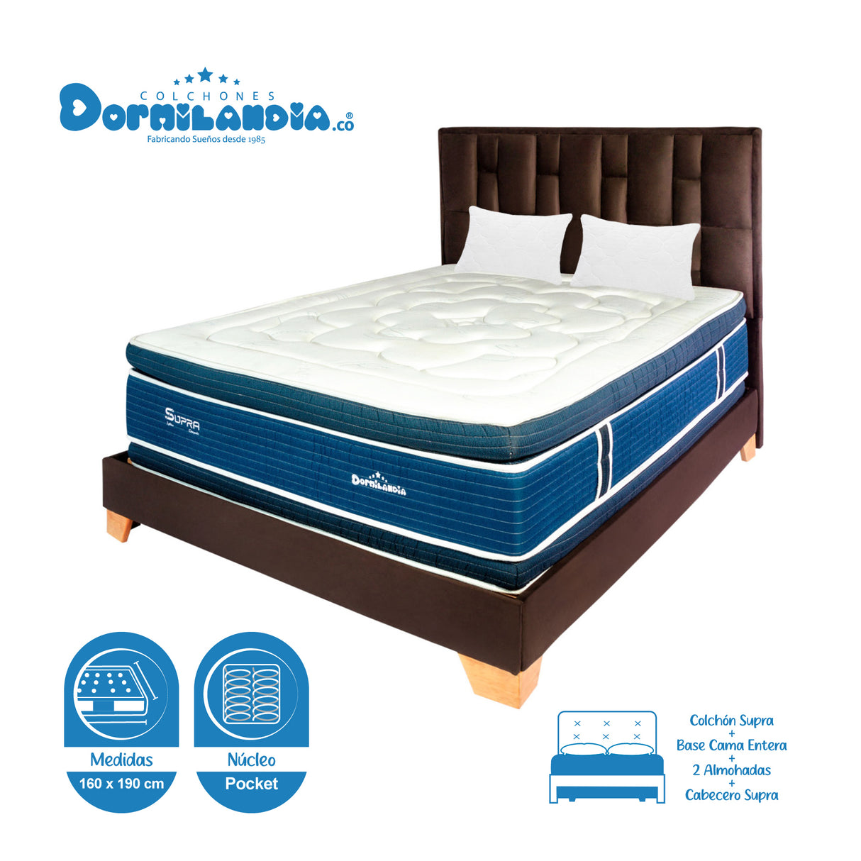 Combo Colchón Supra Azul y Cafe Queen 160 X 190 Cm Firmeza Medio Doble Faz Con Cabecero y Base Cama - COLCHONES | Bylmo