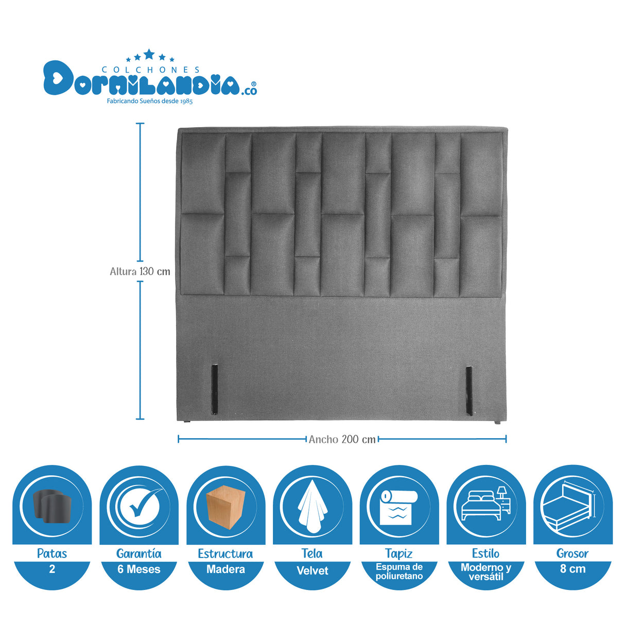 Combo Colchón Supra Azul y Gris King 200 X 200 Cm Firmeza Medio Doble Faz Con Cabecero y Base Cama - COLCHONES | Bylmo