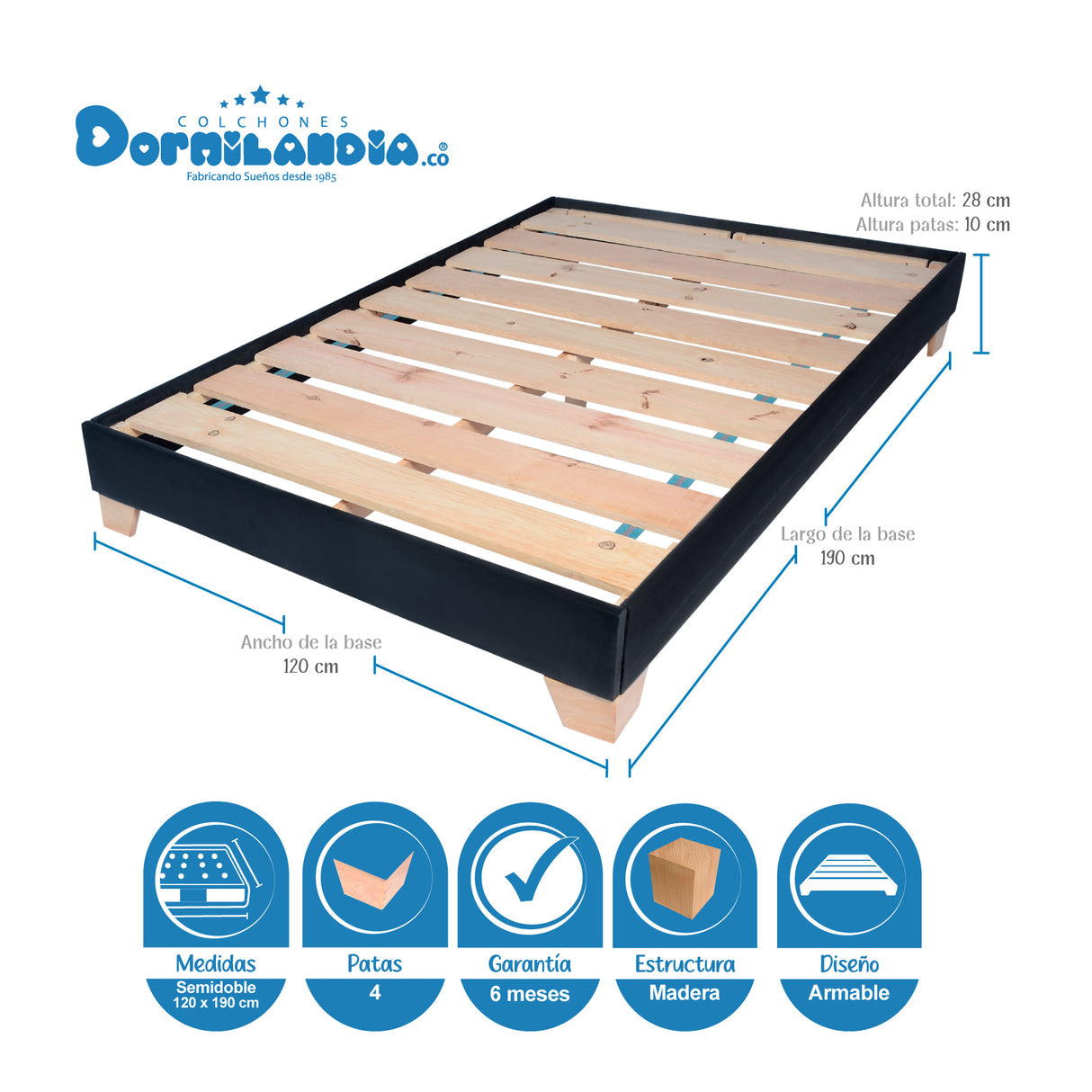 Combo Colchón Supra Negro Semidoble 120 X 190 Cm Firmeza Medio Doble Faz Con Cabecero y Base Cama - COLCHONES | Bylmo