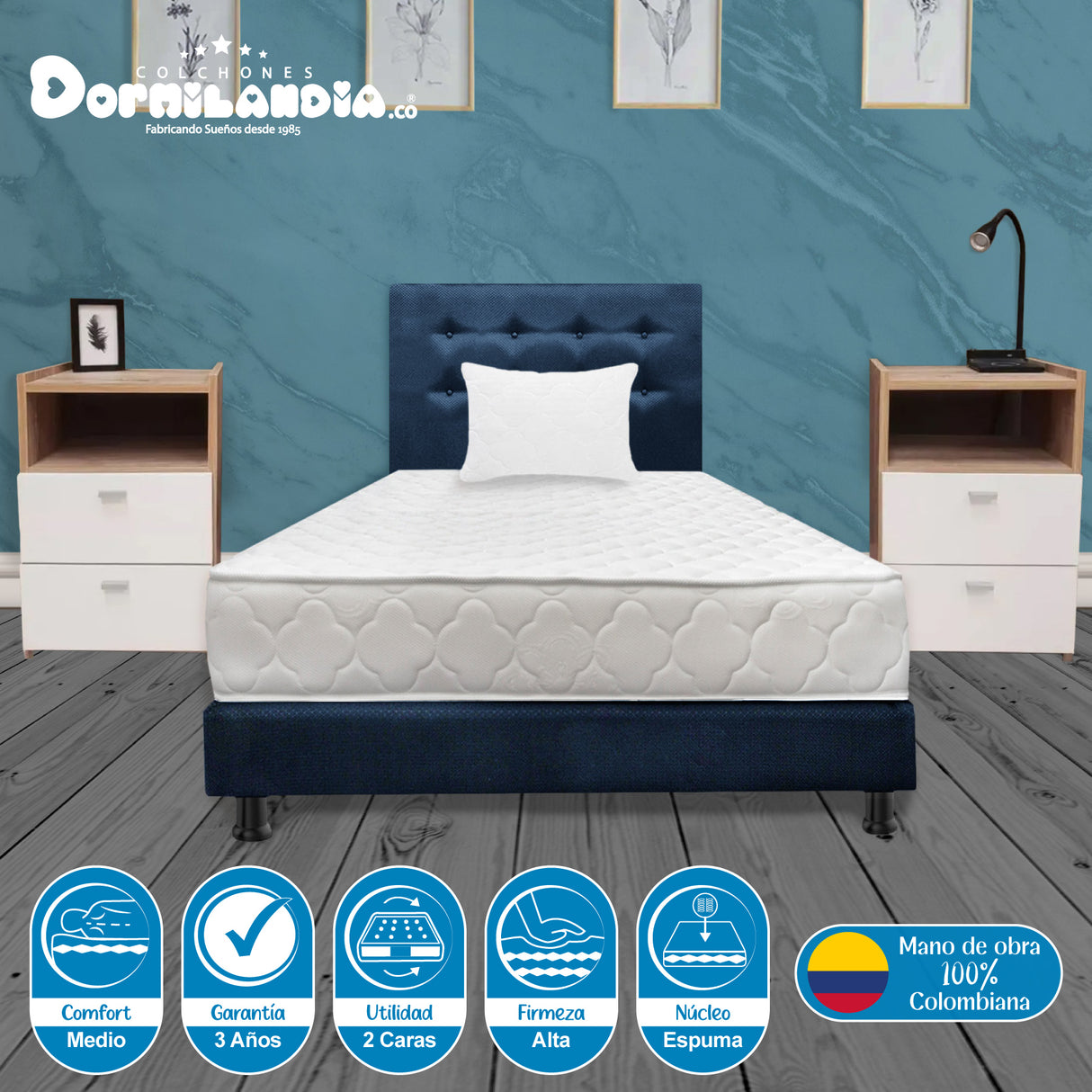 Combo Colchón Ultraflex Blanco y Azul Sencillo 100 X 190 Cm Firmeza Firme Doble Faz Con Cabecero y Base Cama - COLCHONES | Bylmo