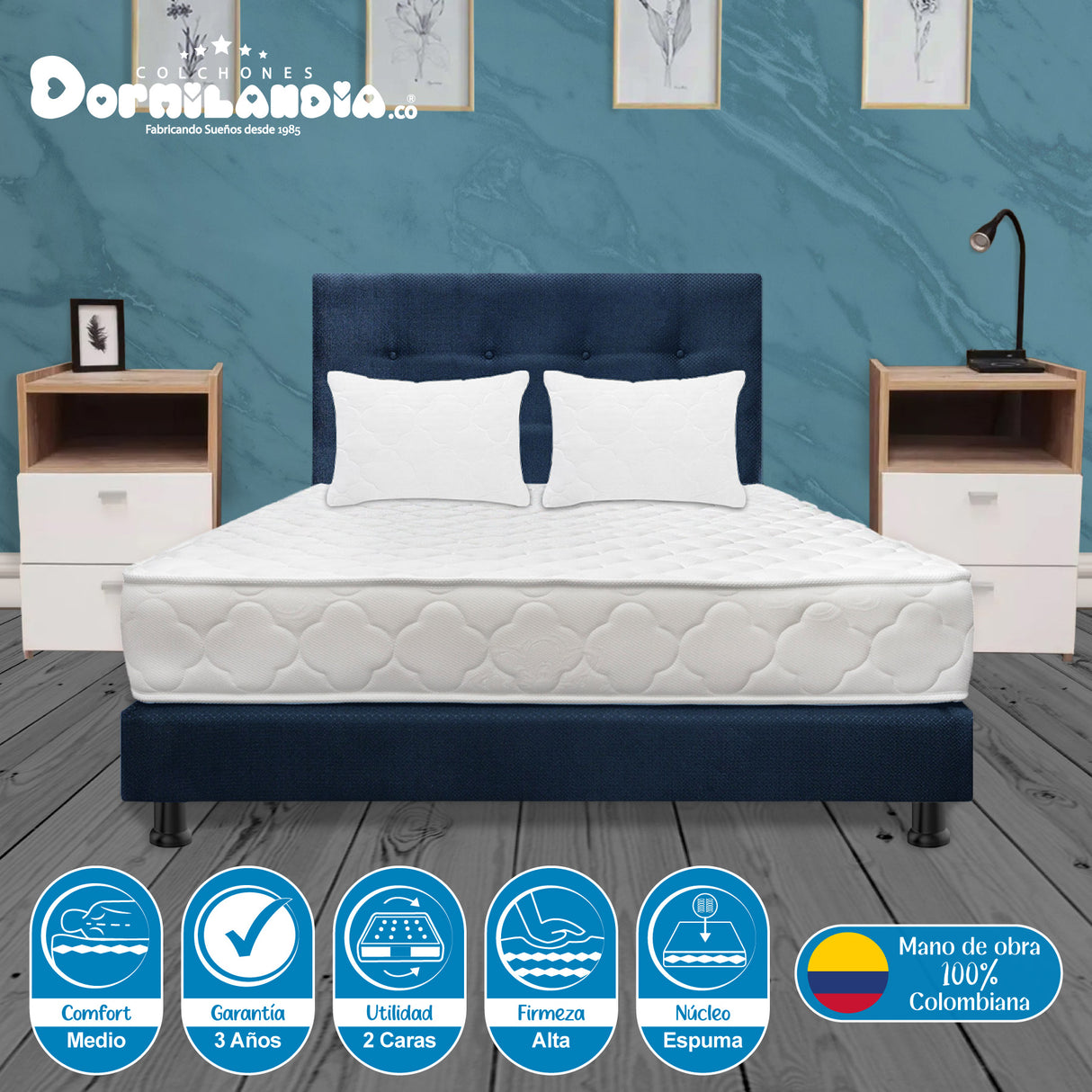 Combo Colchón Ultraflex Blanco y Azul Doble 140 X 190 Cm Firmeza Firme Doble Faz Con Cabecero y Base Cama - COLCHONES | Bylmo
