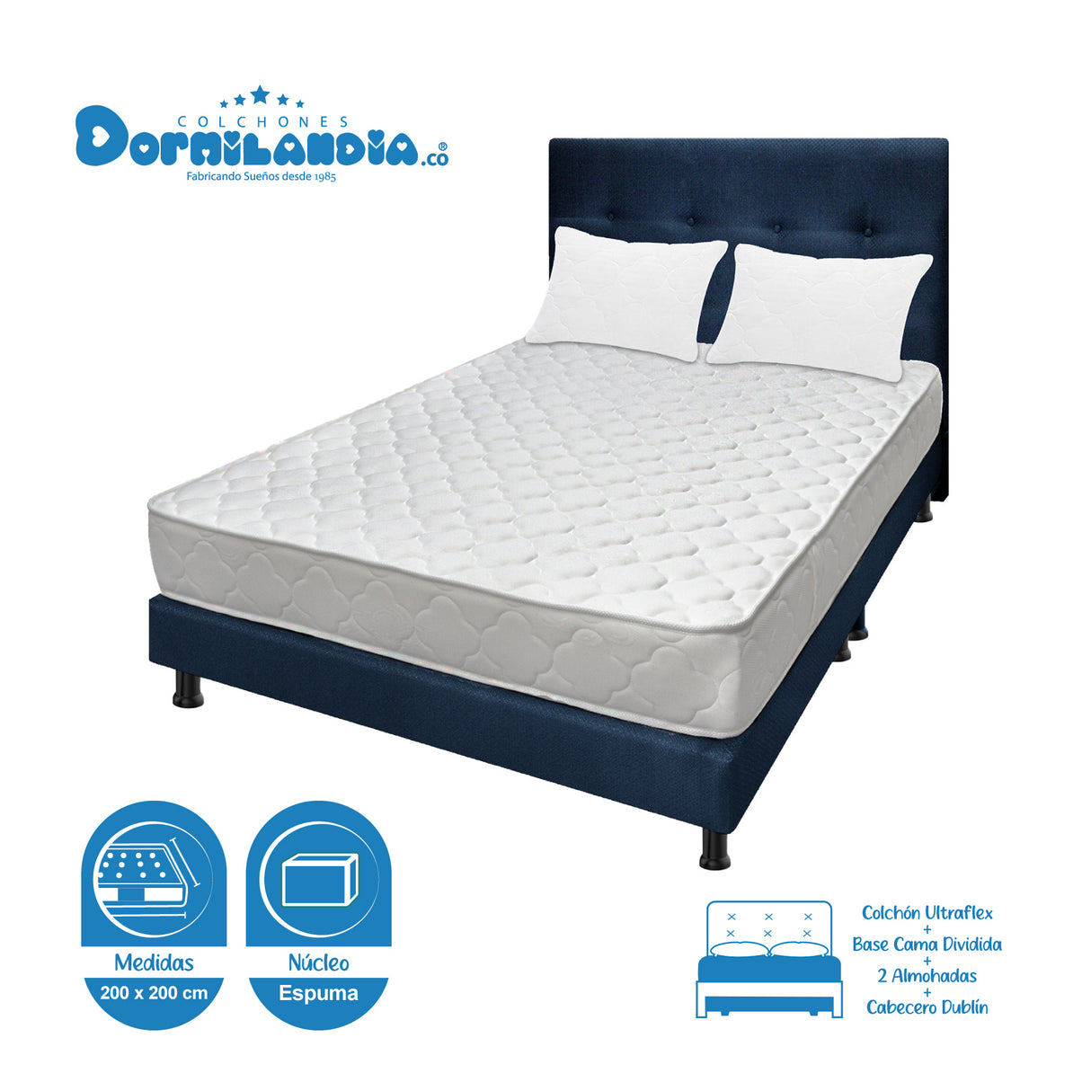 Combo Colchón Ultraflex Blanco y Azul King 200 X 200 Cm Firmeza Firme Doble Faz Con Cabecero y Base Cama - COLCHONES | Bylmo