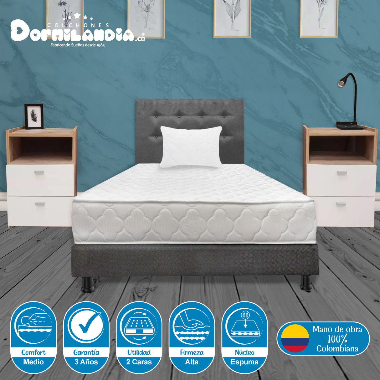 Combo Colchón Ultraflex Blanco y Gris Sencillo 100 X 190 Cm Firmeza Firme Doble Faz Con Cabecero y Base Cama - COLCHONES | Bylmo