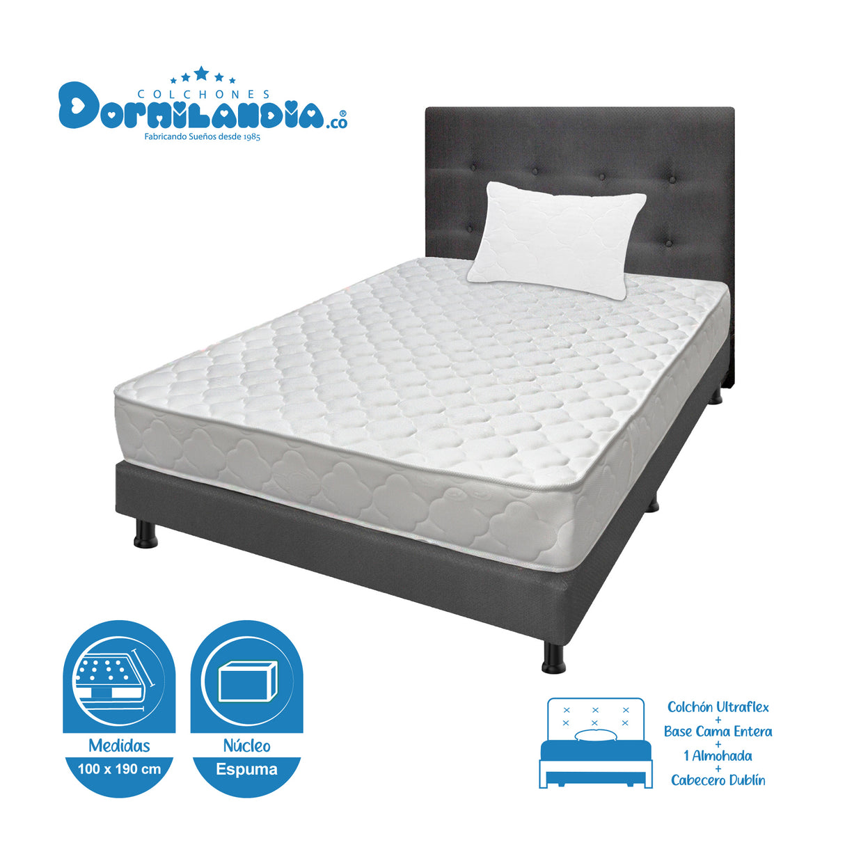 Combo Colchón Ultraflex Blanco y Gris Sencillo 100 X 190 Cm Firmeza Firme Doble Faz Con Cabecero y Base Cama - COLCHONES | Bylmo