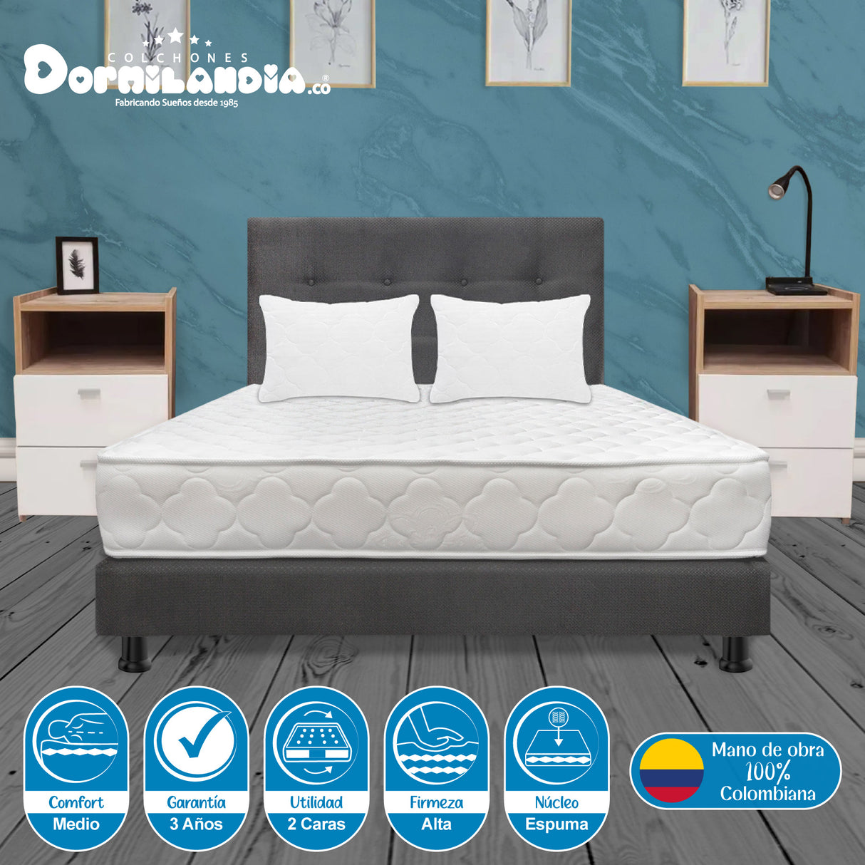 Combo Colchón Ultraflex Blanco y Gris King 200 X 200 Cm Firmeza Firme Doble Faz Con Cabecero y Base Cama - COLCHONES | Bylmo