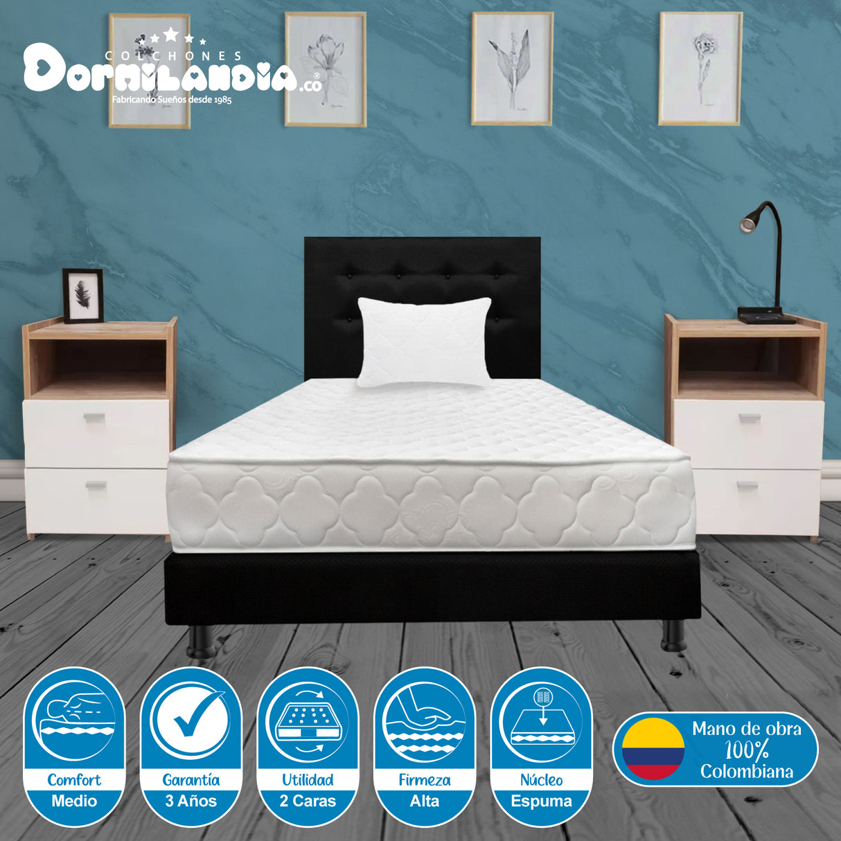 Combo Colchón Ultraflex Blanco y Negro Sencillo 100 X 190 Cm Firmeza Firme Doble Faz Con Cabecero y Base Cama - COLCHONES | Bylmo