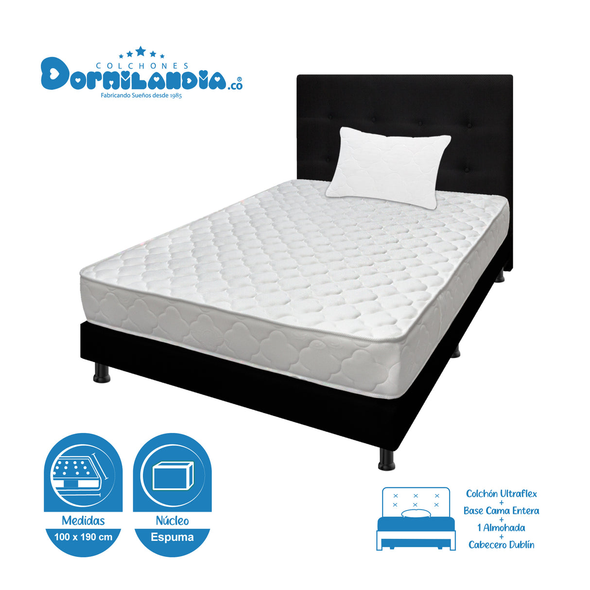 Combo Colchón Ultraflex Blanco y Negro Sencillo 100 X 190 Cm Firmeza Firme Doble Faz Con Cabecero y Base Cama - COLCHONES | Bylmo