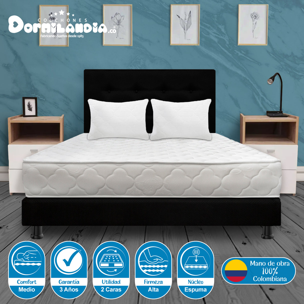 Combo Colchón Ultraflex Blanco y Negro Doble 140 X 190 Cm Firmeza Firme Doble Faz Con Cabecero y Base Cama - COLCHONES | Bylmo