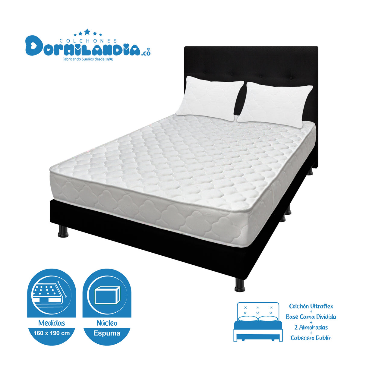 Combo Colchón Ultraflex Blanco y Negro Queen 160 X 190 Cm Firmeza Firme Doble Faz Con Cabecero y Base Cama - COLCHONES | Bylmo