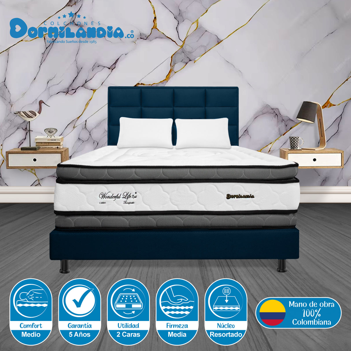 Combo Colchón Wonderful Blanco y Azul Semidoble 120 X 190 Cm Firmeza Medio Doble Faz Con Cabecero y Base Cama - COLCHONES | Bylmo