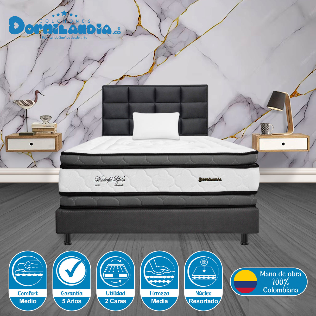Combo Colchón Wonderful Blanco y Gris Sencillo 100 X 190 Cm Firmeza Medio Doble Faz Con Cabecero y Base Cama - COLCHONES | Bylmo