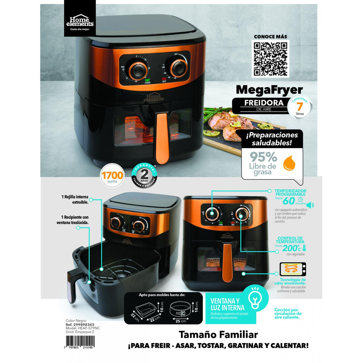 Freidora de Aire Negro y Cobre 37x32cm De 7 Litros Con Dos Funciones Preconfiguradas - FREIDORAS DE AIRE | Bylmo