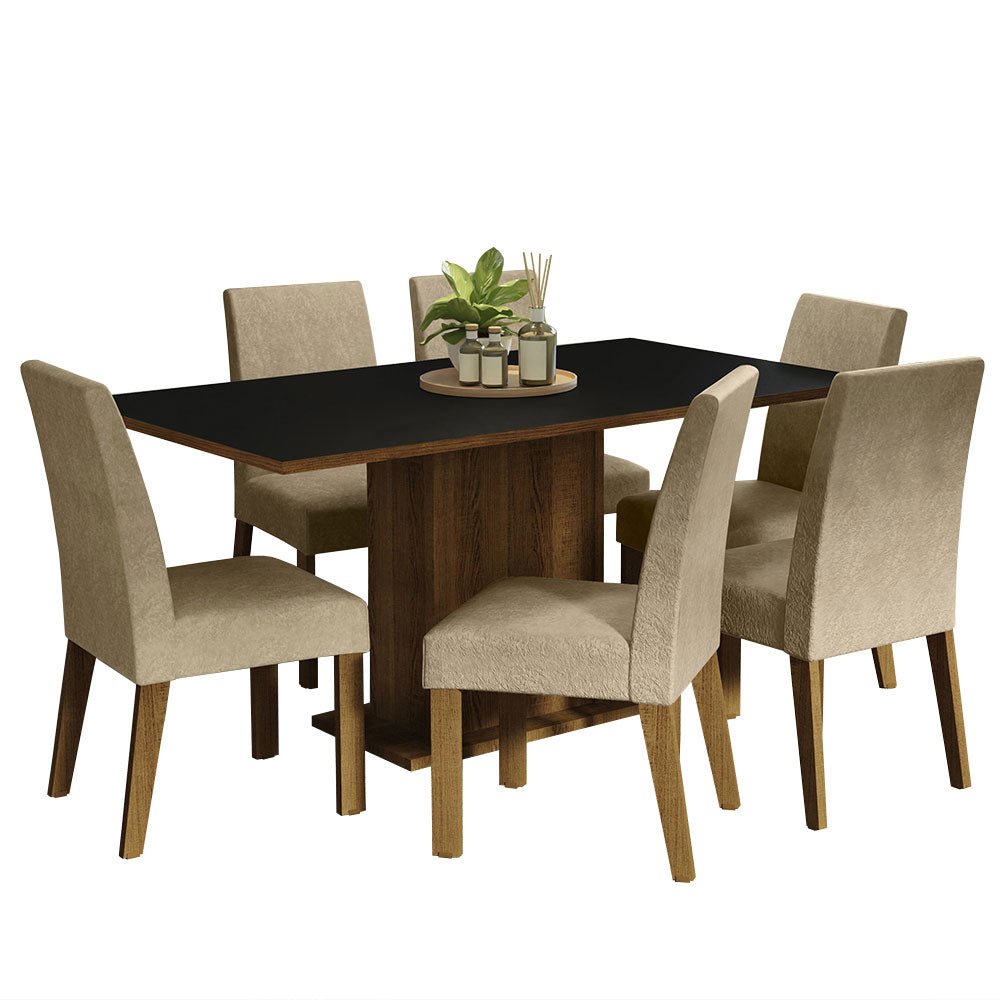 Combo Comedor y Sillas Renata Marron y Negro 160x79cm Cuadrado de Seis Puestos con Seis Sillas - COMEDORES | Bylmo