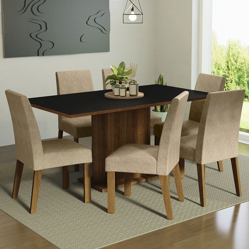 Combo Comedor y Sillas Renata Marron y Negro 160x79cm Cuadrado de Seis Puestos con Seis Sillas - COMEDORES | Bylmo
