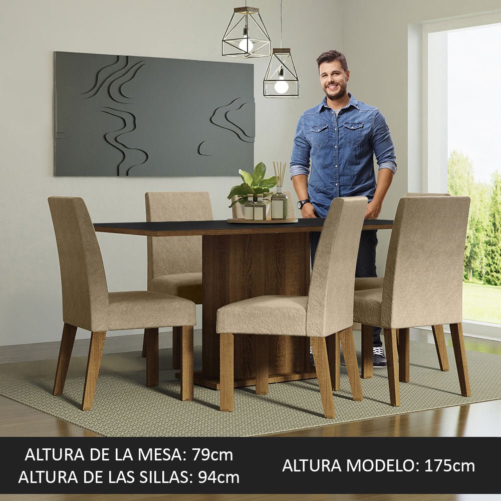 Combo Comedor y Sillas Renata Marron y Negro 160x79cm Cuadrado de Seis Puestos con Seis Sillas - COMEDORES | Bylmo